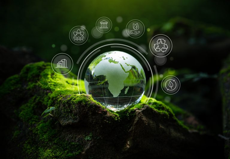 Crystal,Globe,Putting,On,Moss,,Esg,Icon,For,Environment,Social